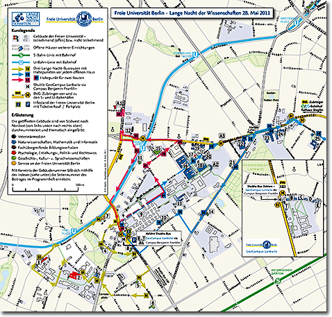 Campus-Plan mit Busrouten und Haltepunkten am 28. Mai 2011 - (C) FU Berlin - Weiß